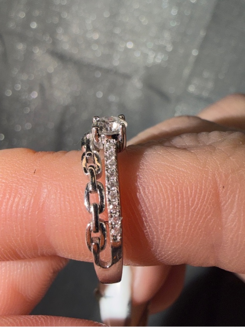 Delicate Silver Solitaire Ring with Chain and Pavé Accents - Silver White - Picture 5 of 5